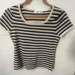 Angashion Women's Small Striped Top Black Cream Knit Short Sleeves NWT